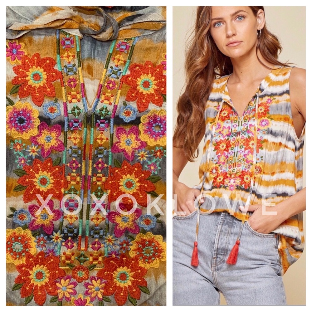 Savanna Jane Yellow & Cream Dip Dyed Embroidered Split Neck Top